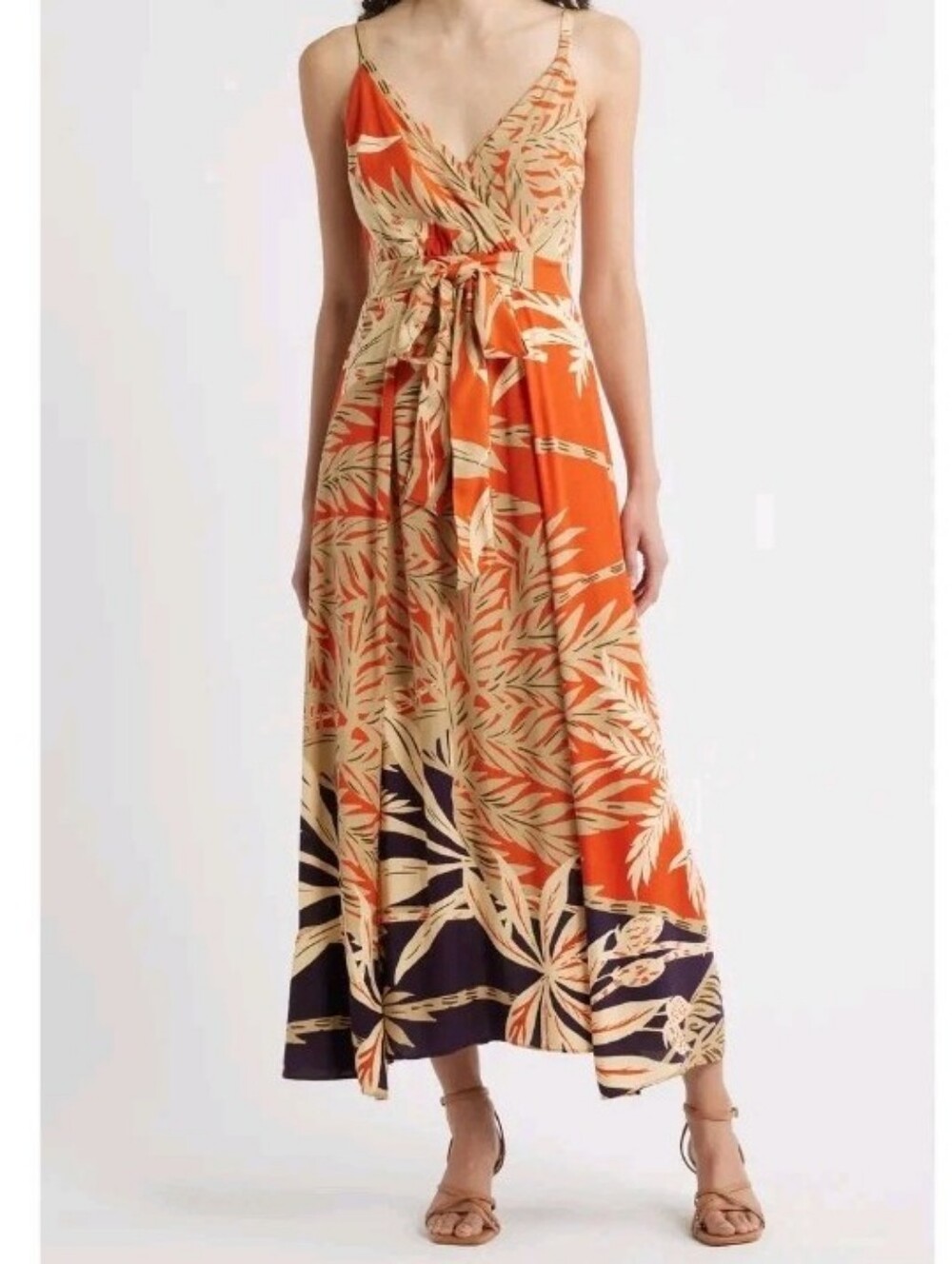 Halogen Palm Printed Belted Maxi Dress SZ M